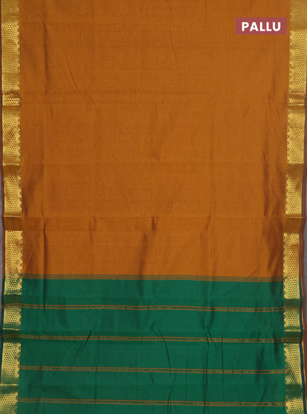 10 yards Poly cotton saree dark mustard and green with plain body and zari woven border