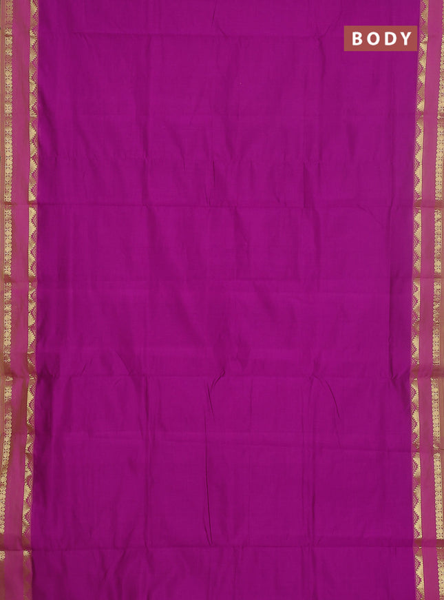 10 yards Poly cotton saree purple and light green with plain body and rettapet zari woven border