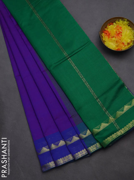10 yards Poly cotton saree dual shade of blue and green with plain body and rettapet zari woven border