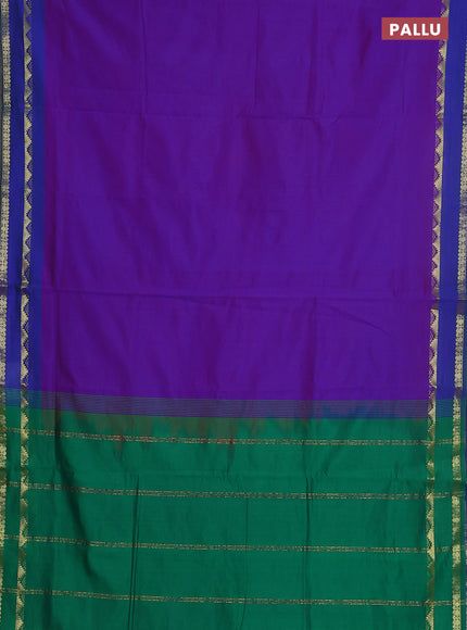 10 yards Poly cotton saree dual shade of blue and green with plain body and rettapet zari woven border