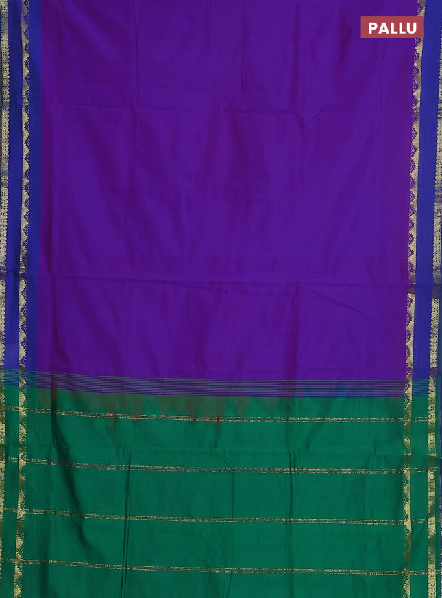 10 yards Poly cotton saree dual shade of blue and green with plain body and rettapet zari woven border