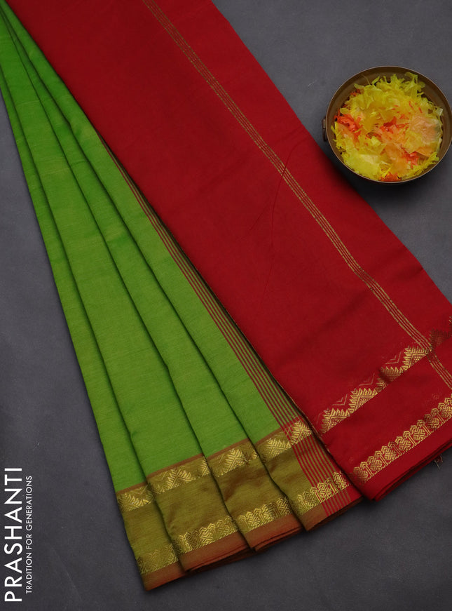 10 yards Poly cotton saree light green and red with plain body and rettapet zari woven border