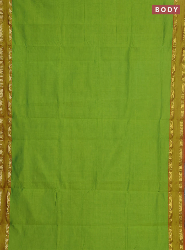 10 yards Poly cotton saree light green and red with plain body and rettapet zari woven border