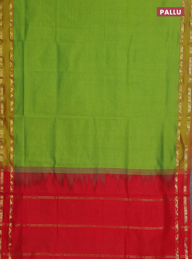 10 yards Poly cotton saree light green and red with plain body and rettapet zari woven border