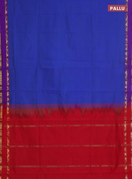 10 yards Poly cotton saree dual shade of bluish green and red with plain body and rettapet zari woven border