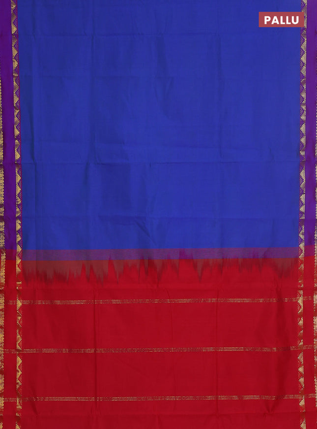 10 yards Poly cotton saree dual shade of bluish green and red with plain body and rettapet zari woven border