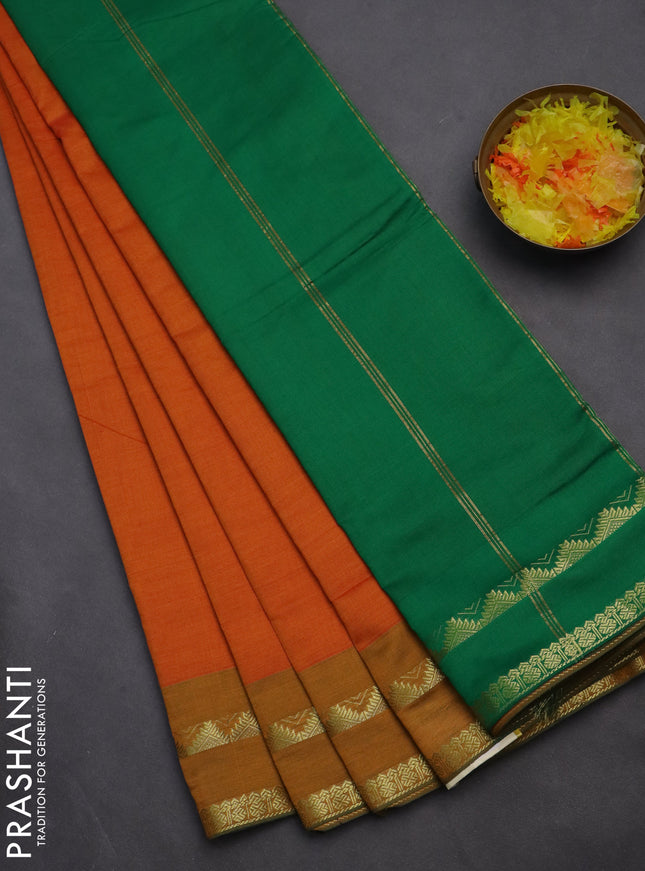 10 yards Poly cotton saree orange and green with plain body and rettapet zari woven border
