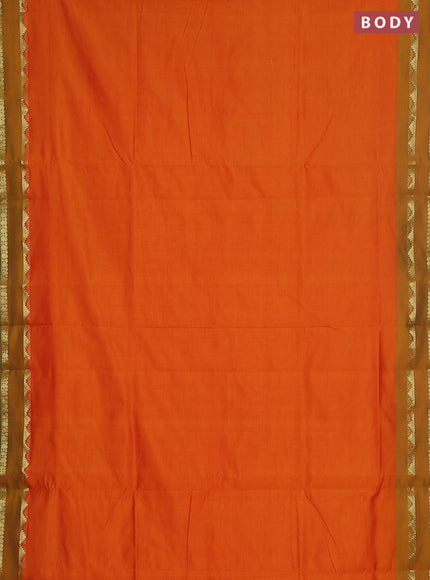 10 yards Poly cotton saree orange and green with plain body and rettapet zari woven border