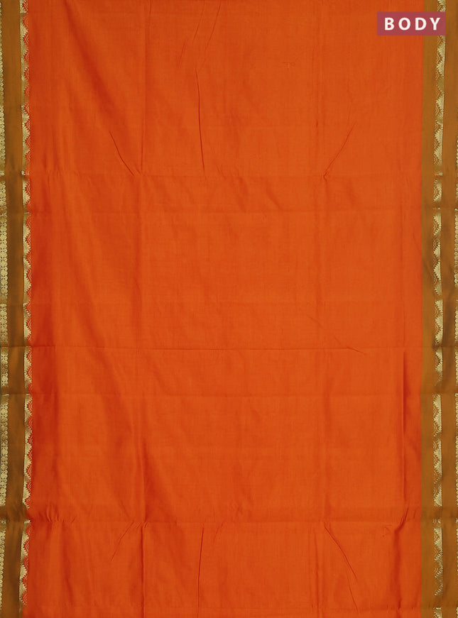 10 yards Poly cotton saree orange and green with plain body and rettapet zari woven border