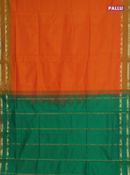 10 yards Poly cotton saree orange and green with plain body and rettapet zari woven border