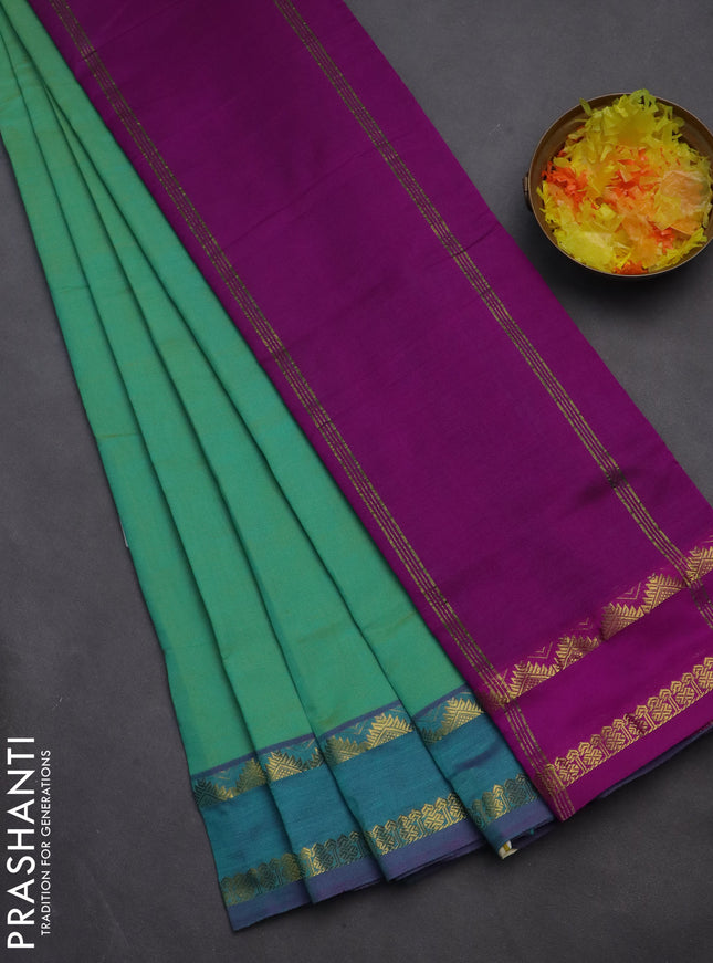 10 yards Poly cotton saree teal green and purple with plain body and rettapet zari woven border