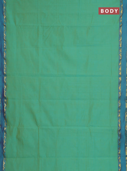 10 yards Poly cotton saree teal green and purple with plain body and rettapet zari woven border