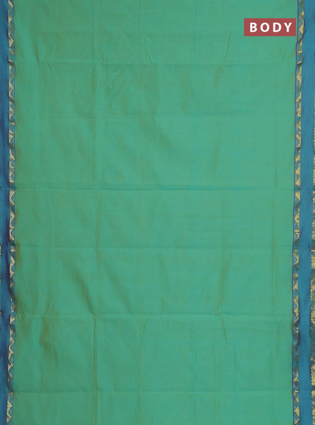 10 yards Poly cotton saree teal green and purple with plain body and rettapet zari woven border