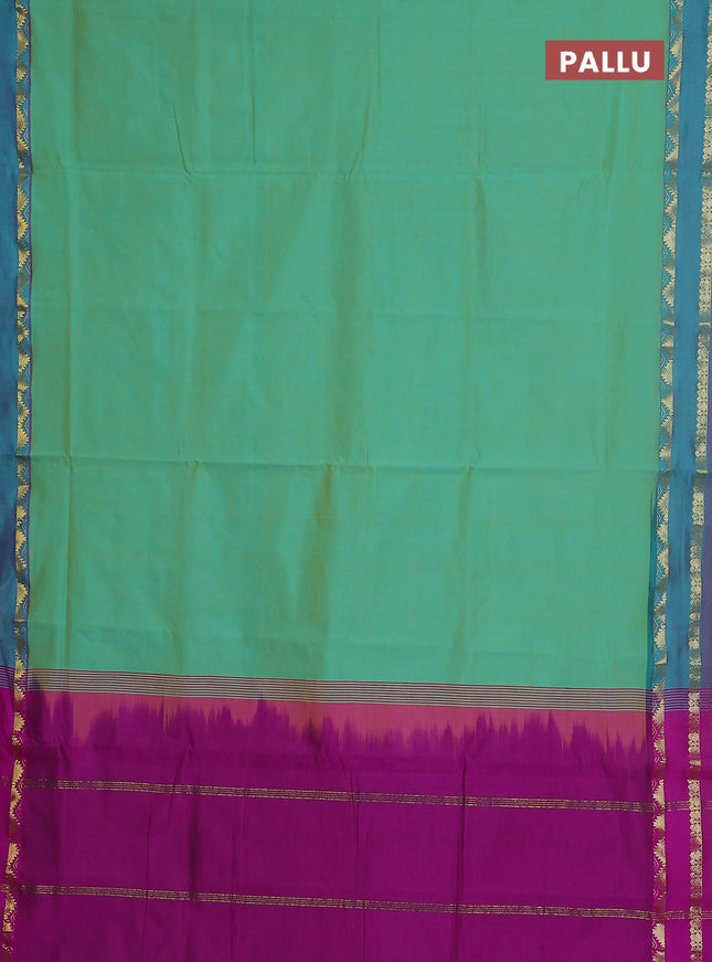 10 yards Poly cotton saree teal green and purple with plain body and rettapet zari woven border