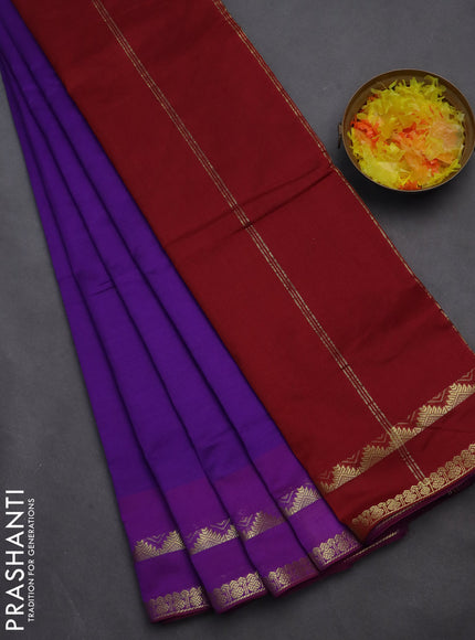 10 yards Poly cotton saree violet and maroon with plain body and rettapet zari woven border