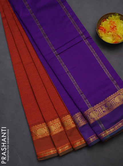 10 yards Poly cotton saree orange and violet with plain body and rettapet zari woven border