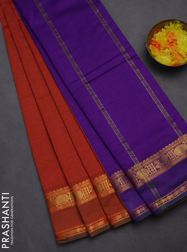 10 yards Poly cotton saree orange and violet with plain body and rettapet zari woven border