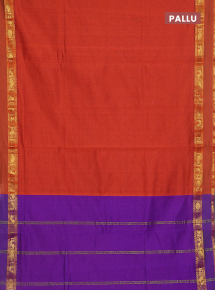 10 yards Poly cotton saree orange and violet with plain body and rettapet zari woven border