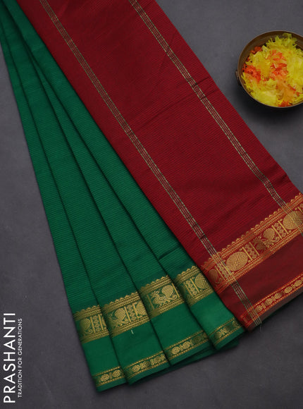 10 yards Poly cotton saree green and maroon with plain body and rettapet zari woven border