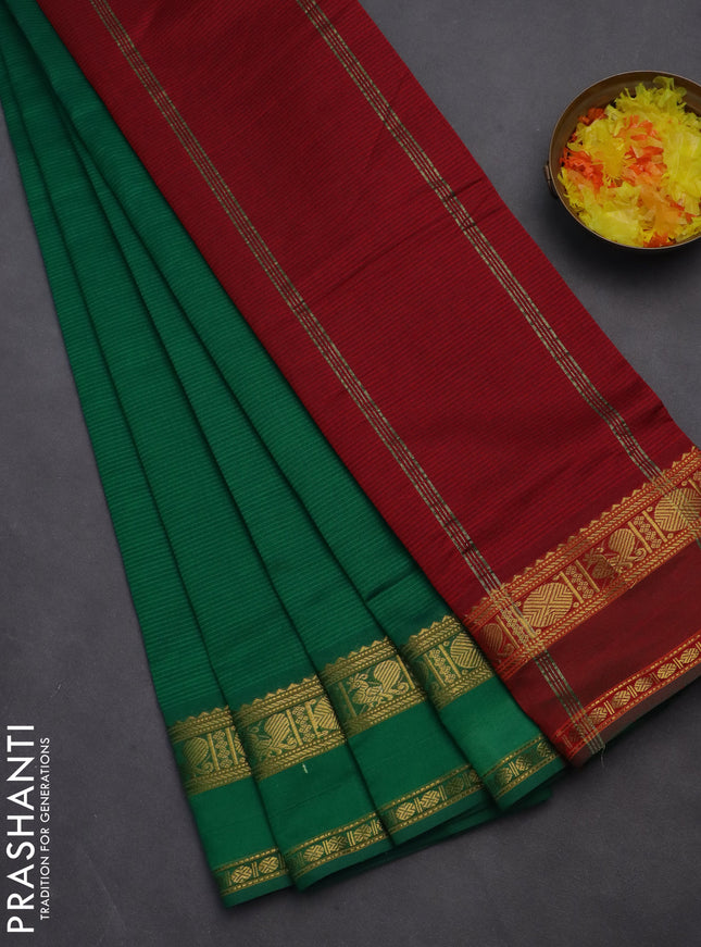 10 yards Poly cotton saree green and maroon with plain body and rettapet zari woven border