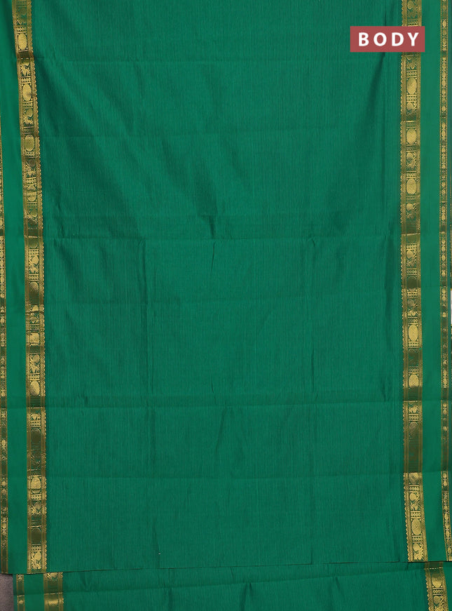 10 yards Poly cotton saree green and maroon with plain body and rettapet zari woven border