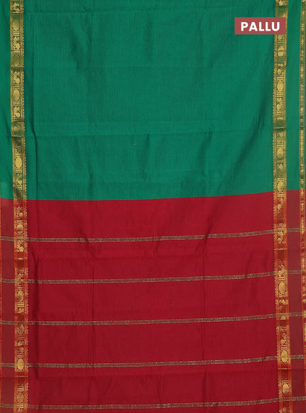 10 yards Poly cotton saree green and maroon with plain body and rettapet zari woven border
