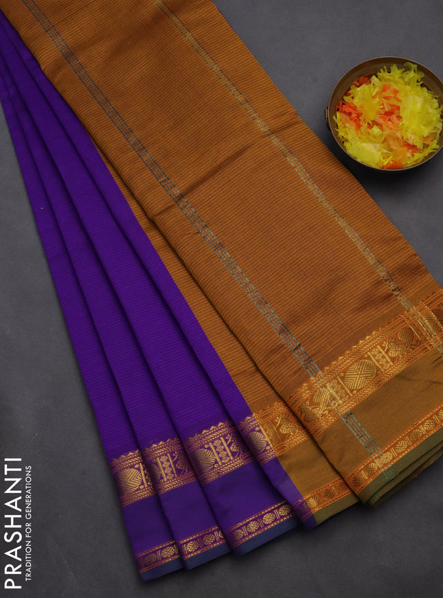 10 yards Poly cotton saree violet and dark mustard with plain body and rettapet zari woven border
