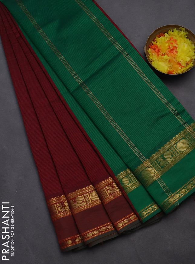 10 yards Poly cotton saree maroon and green with plain body and rettapet zari woven border