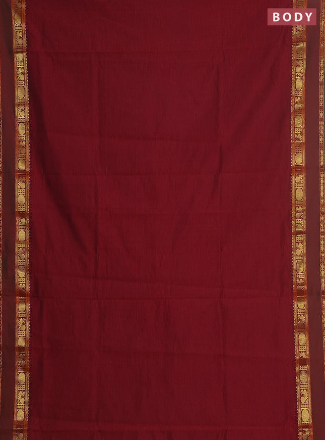 10 yards Poly cotton saree maroon and green with plain body and rettapet zari woven border
