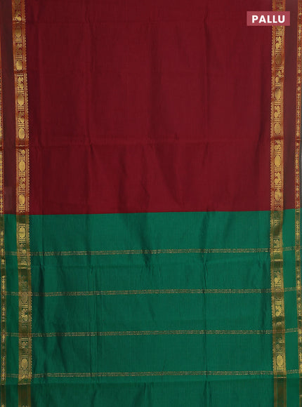 10 yards Poly cotton saree maroon and green with plain body and rettapet zari woven border