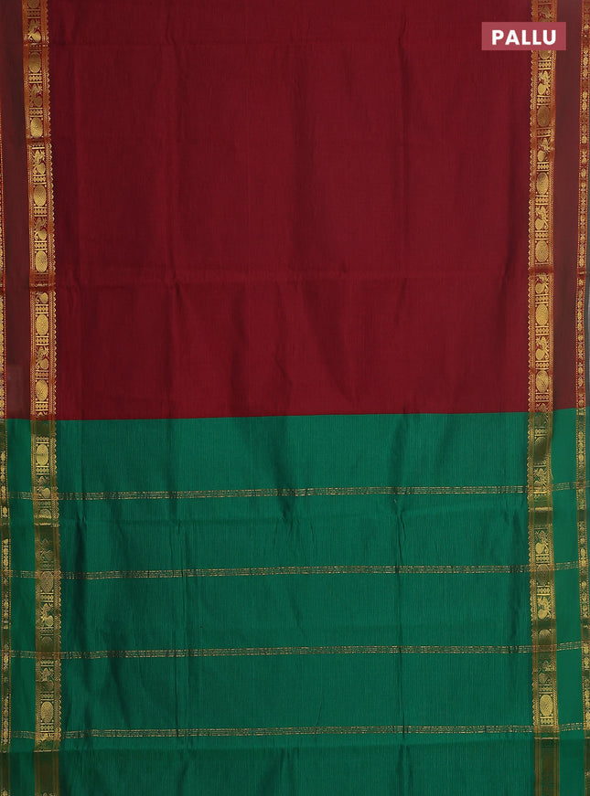 10 yards Poly cotton saree maroon and green with plain body and rettapet zari woven border