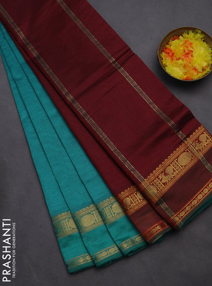 10 yards Poly cotton saree teal green and maroon with plain body and rettapet zari woven border