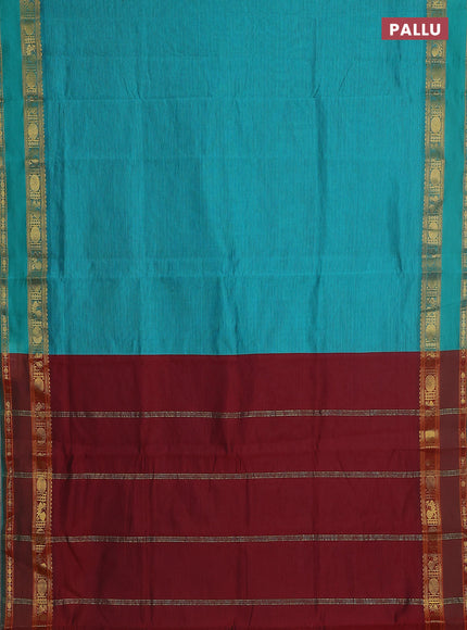 10 yards Poly cotton saree teal green and maroon with plain body and rettapet zari woven border