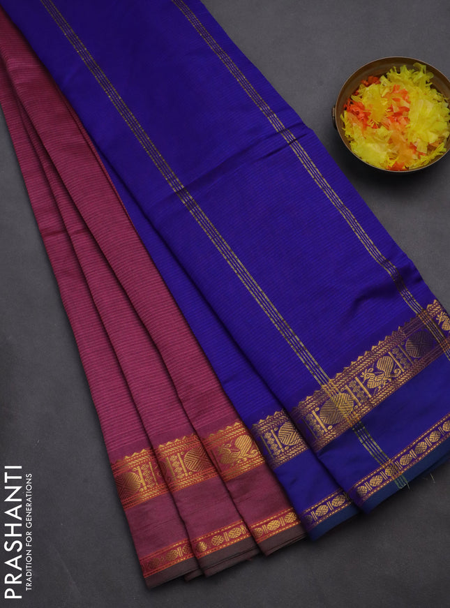 10 yards Poly cotton saree mauve pink and blue with plain body and rettapet zari woven border