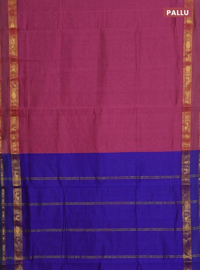 10 yards Poly cotton saree mauve pink and blue with plain body and rettapet zari woven border