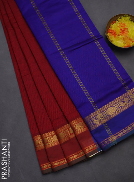 10 yards Poly cotton saree maroon and blue with plain body and rettapet zari woven border