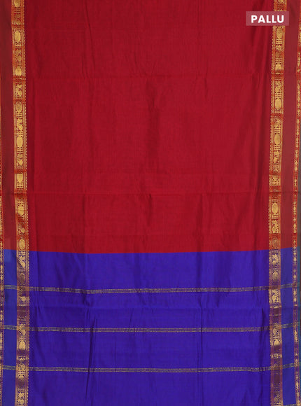 10 yards Poly cotton saree maroon and blue with plain body and rettapet zari woven border