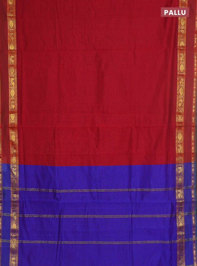 10 yards Poly cotton saree maroon and blue with plain body and rettapet zari woven border