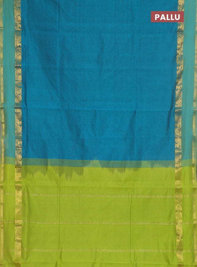 10 yards Poly cotton saree peacock green and lime green with plain body and rettapet zari woven border