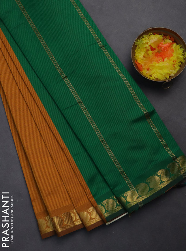 10 yards Poly cotton saree dark mustard and green with plain body and zari woven border