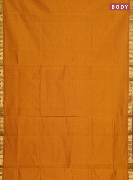 10 yards Poly cotton saree dark mustard and green with plain body and zari woven border