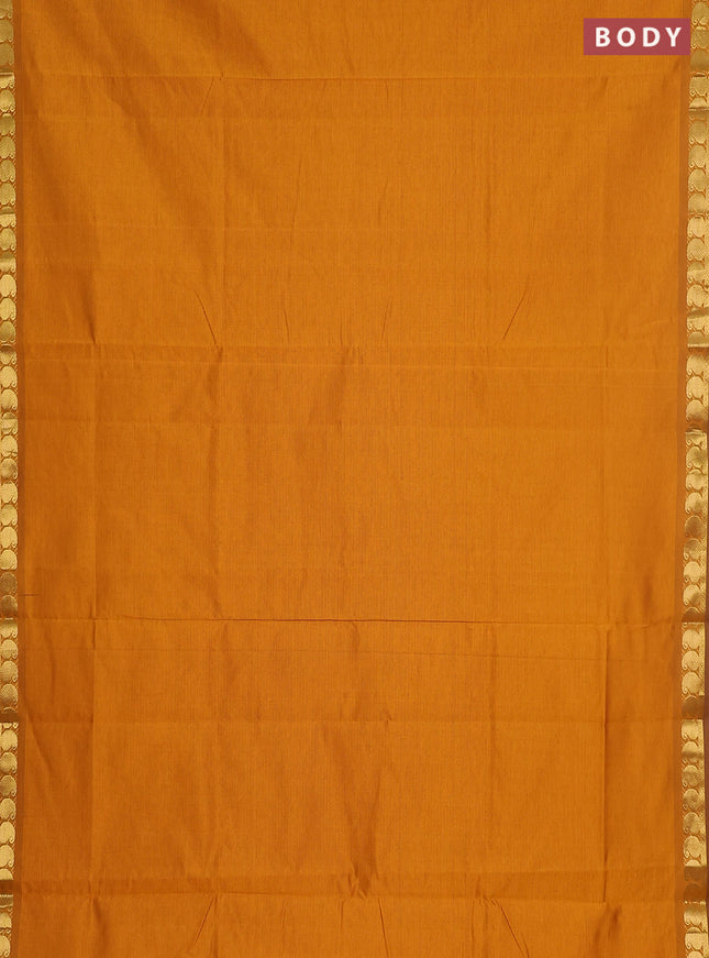 10 yards Poly cotton saree dark mustard and green with plain body and zari woven border