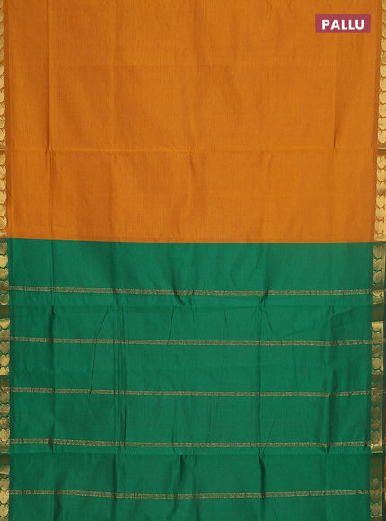 10 yards Poly cotton saree dark mustard and green with plain body and zari woven border
