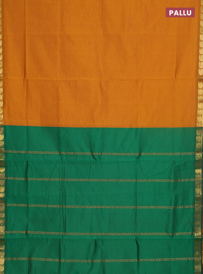 10 yards Poly cotton saree dark mustard and green with plain body and zari woven border
