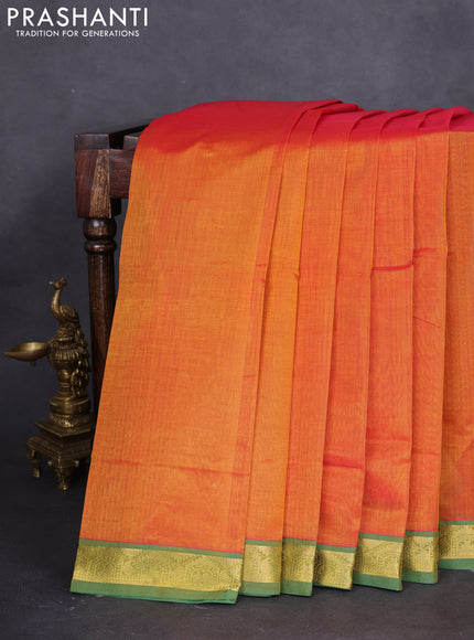 10 yards silk cotton saree sunset orange and green with plain body and zari woven border
