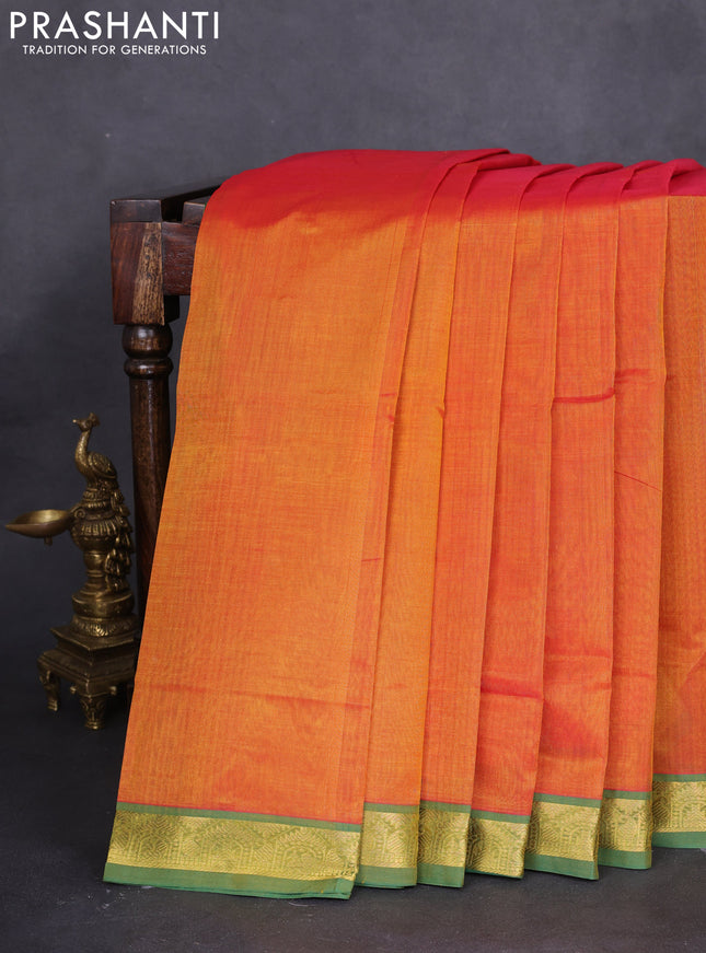 10 yards silk cotton saree sunset orange and green with plain body and zari woven border