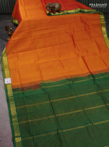 10 yards silk cotton saree sunset orange and green with plain body and zari woven border