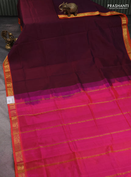 10 yards silk cotton saree wine shade and dual shade of pinkish orange with plain body and zari woven border