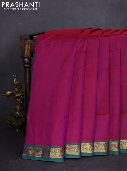 10 yards silk cotton saree dark magenta pink and green with plain body and zari woven border
