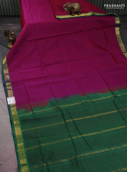 10 yards silk cotton saree dark magenta pink and green with plain body and zari woven border